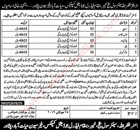 Civil Court Peshawar Jobs 2019 June Hayatabad Naib Qasid, Chowkidar & Others Latest