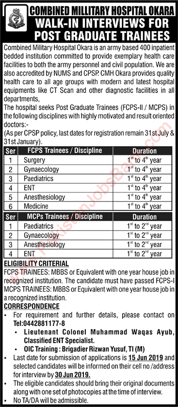 CMH Okara Jobs June 2019 for Postgraduate Trainees Combined Military Hospital Latest