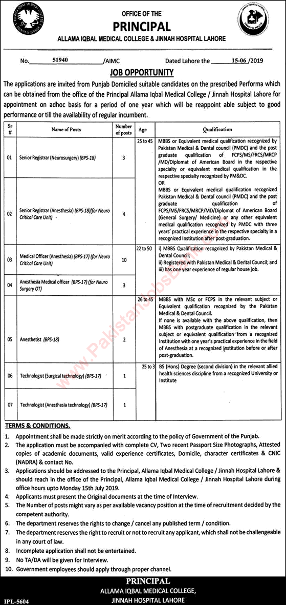 Allama Iqbal Medical College Jinnah Hospital Lahore Jobs June 2019 Medical Officers & Others Latest