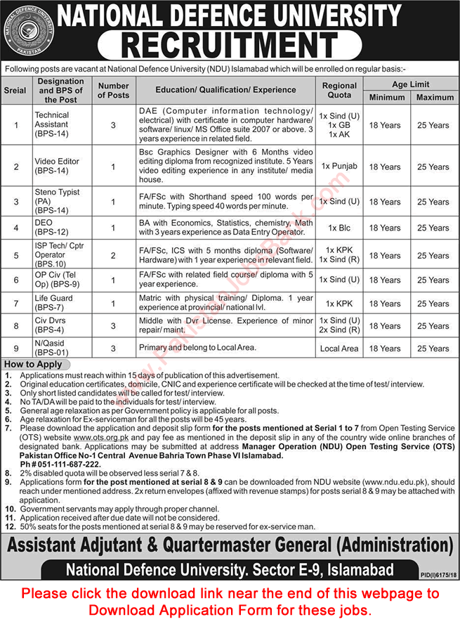National Defence University Islamabad Jobs June 2019 OTS Application Form NDU Latest