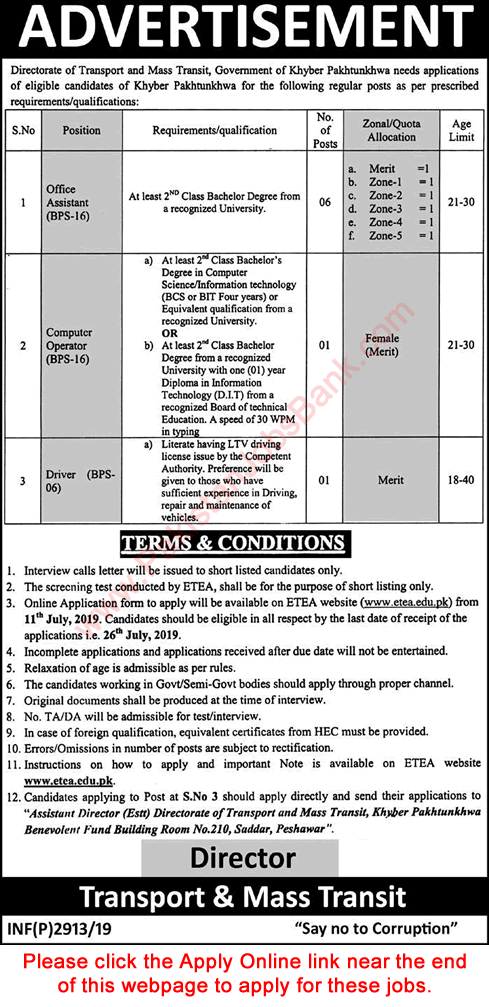 Transport and Mass Transit Department KPK Jobs June 2019 ETEA Apply Online Office Assistants & Others Latest