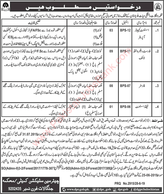 Forest and Wildlife Department Balochistan Jobs June 2019 July Foresters, Forest Rangers & Others Latest