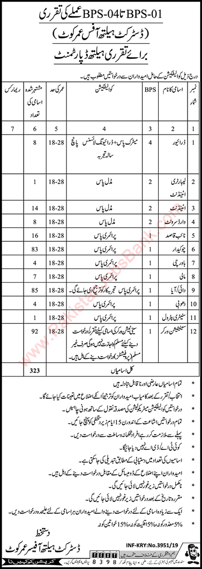 Health Department Umerkot Jobs July 2019 Sanitation Worker, Chowkidar & Others Latest