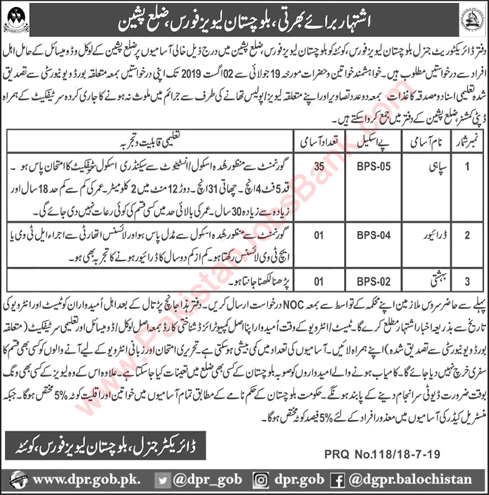 Balochistan Levies Force Jobs July 2019 Pishin Sipahi & Others Latest