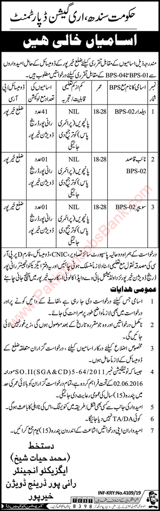 Irrigation Department Khairpur Jobs 2019 July Sindh Baildar & Others Latest