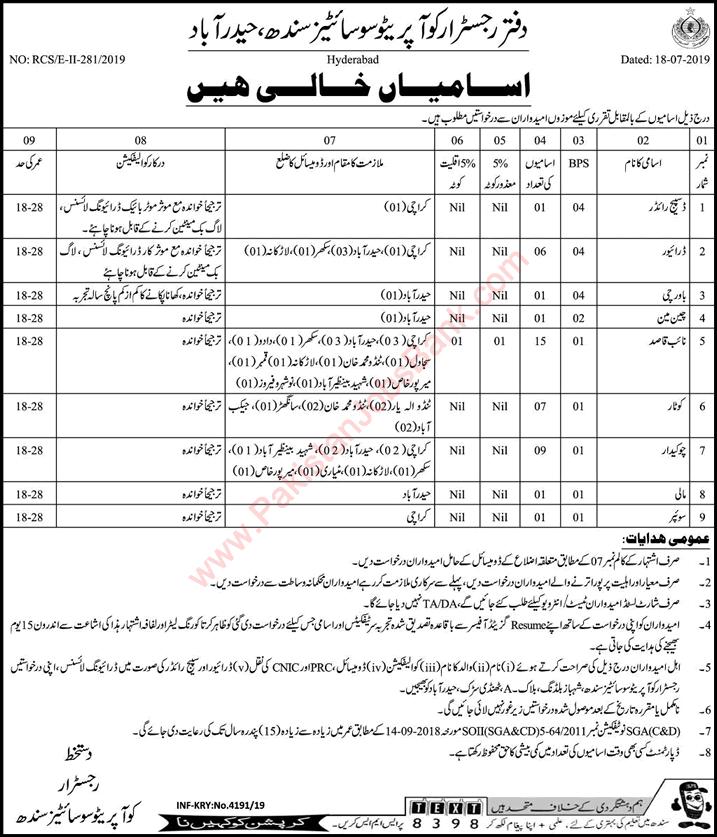 Cooperative Societies Sindh Jobs 2019 July Naib Qasid, Chowkidar, Drivers & Others Latest