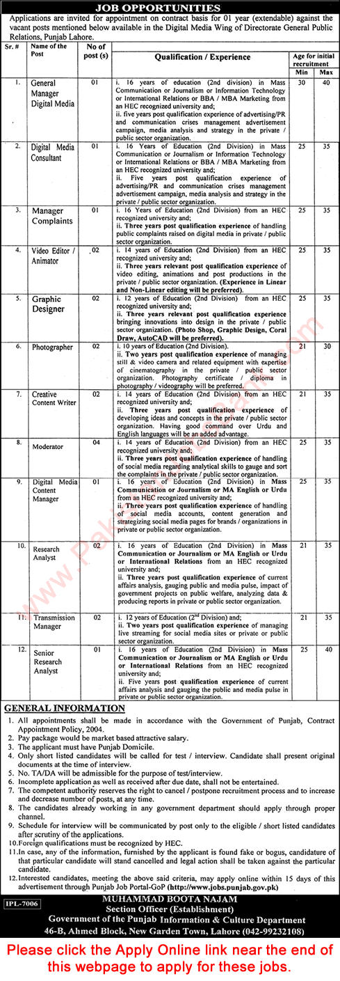 Directorate General Public Relations Punjab Jobs 2019 August Lahore Apply Online Latest