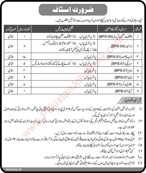 PO Box 619 GPO Rawalpindi Jobs 2019 August Naib Qasid, Drivers & Others Latest