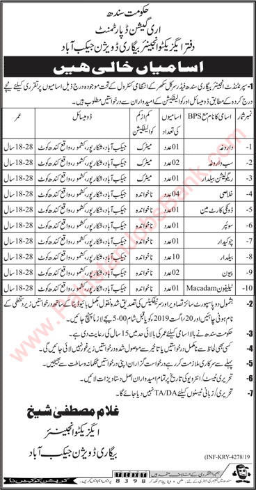 Irrigation Department Sindh Jobs August 2019 Begari Division Jacobabad Latest