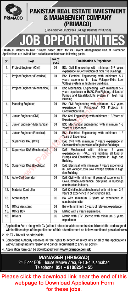 PRIMACO Jobs 2019 August Islamabad Application Form Pakistan Real Estate Investment and Management Company Latest