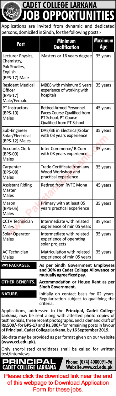 Cadet College Larkana Jobs August 2019 September Application Form Lecturers & Others Latest