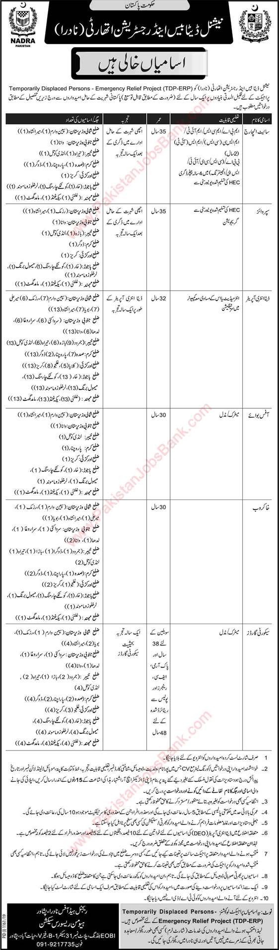 NADRA Jobs September 2019 KPK Data Entry Operators & Others TDP-ERP National Database and Registration Authority Latest