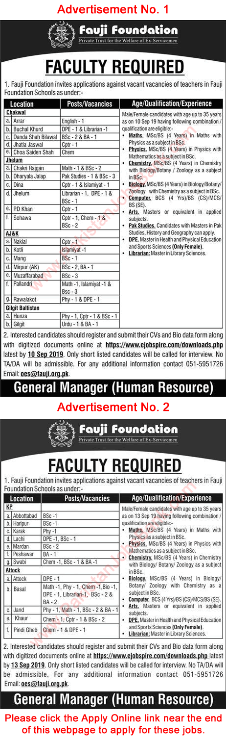 Fauji Foundation Schools Jobs September 2019 Application Form Teachers & Librarian Latest