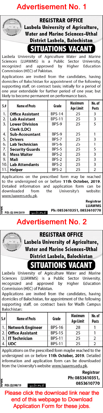 LUAWMS University Uthal Jobs September 2019 Lasbela Application Form Clerks & Others Latest