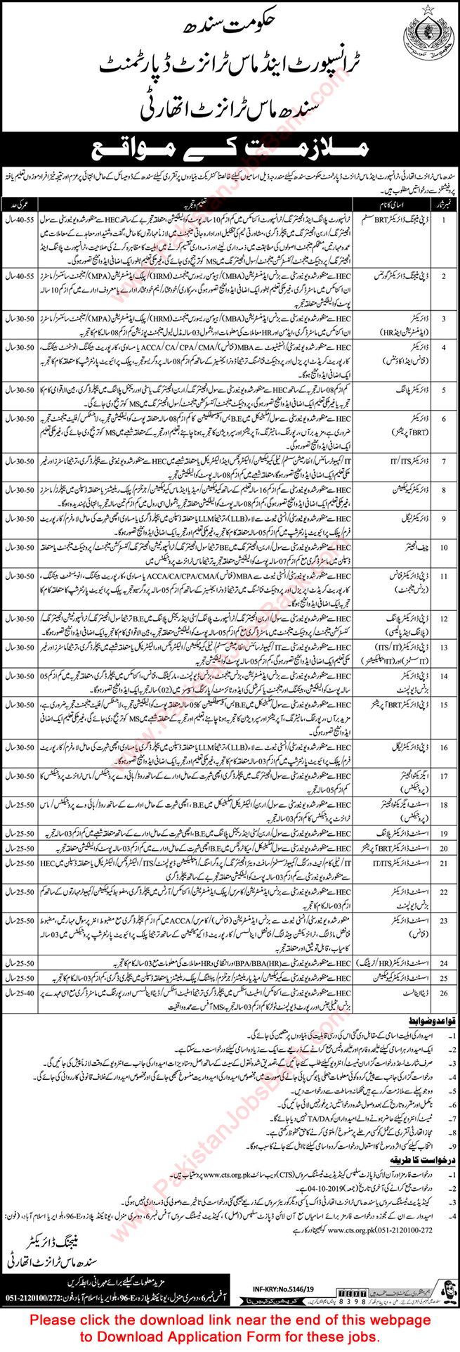 Transport and Mass Transit Department Sindh Jobs September 2019 CTS Application Form Latest