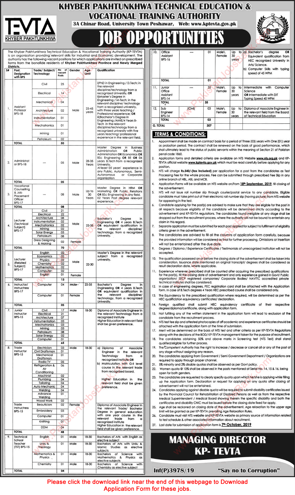 TEVTA KPK Jobs September 2019 NTS Application Form Teaching Faculty & Others Latest