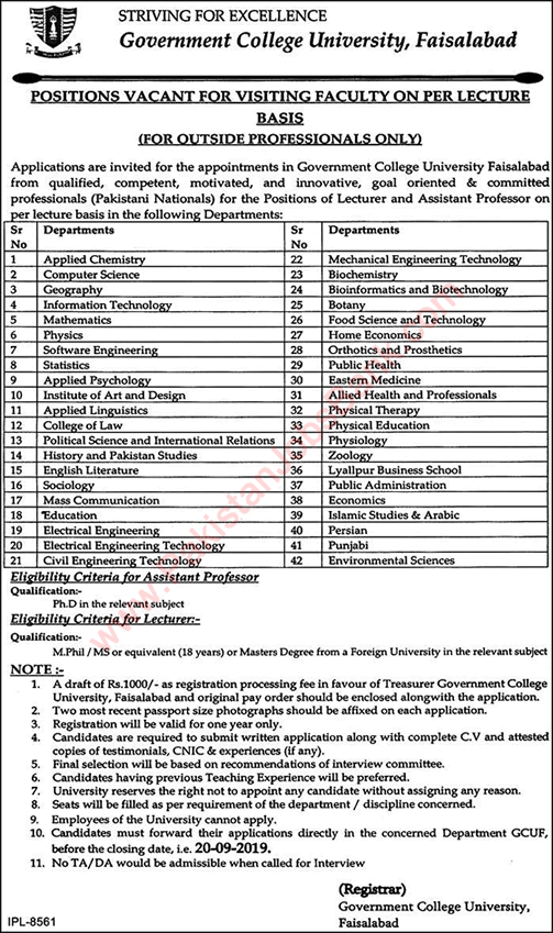 GC University Faisalabad Jobs September 2019 Lecturers & Assistant Professors GCUFLatest