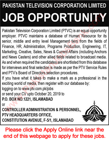 PTV Jobs September 2019 Apply Online Pakistan Television Corporation Limited Latest