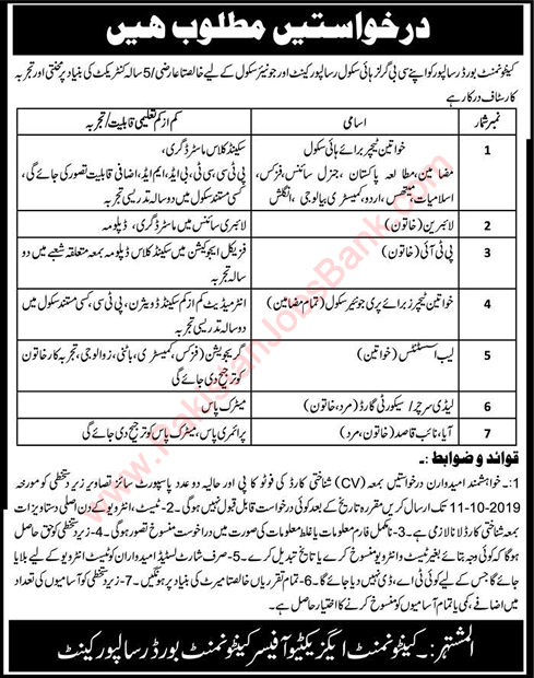 Cantonment Board Schools Risalpur Jobs 2019 September Femalel Teachers & Others Latest