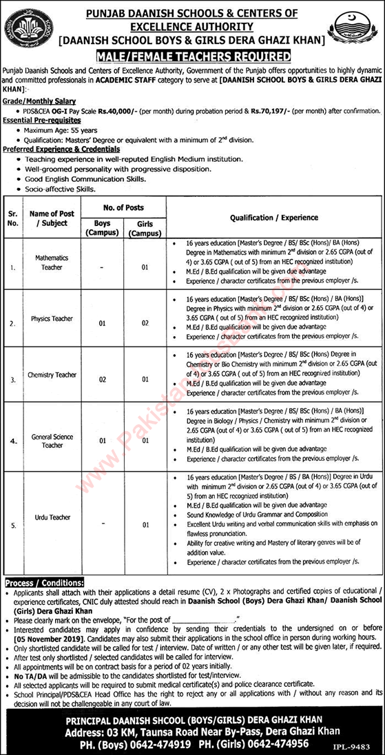 Daanish Schools Dera Ghazi Khan Jobs 2019 October Teachers Centre of Excellence Authority Latest