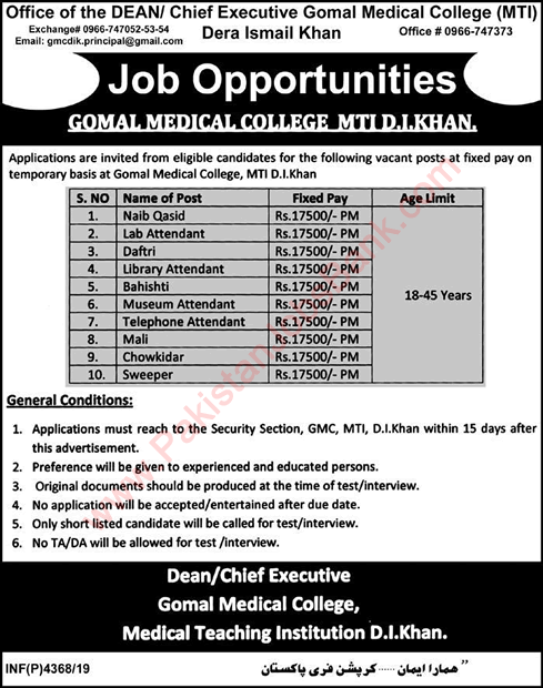 Gomal Medical College Dera Ismail Khan Jobs October 2019 Medical Teaching Intuition MTI GMC Latest