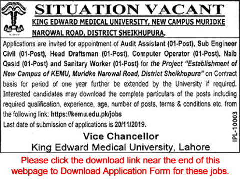 King Edward Medical University Muridke Jobs 2019 November Application Form KEMU Latest