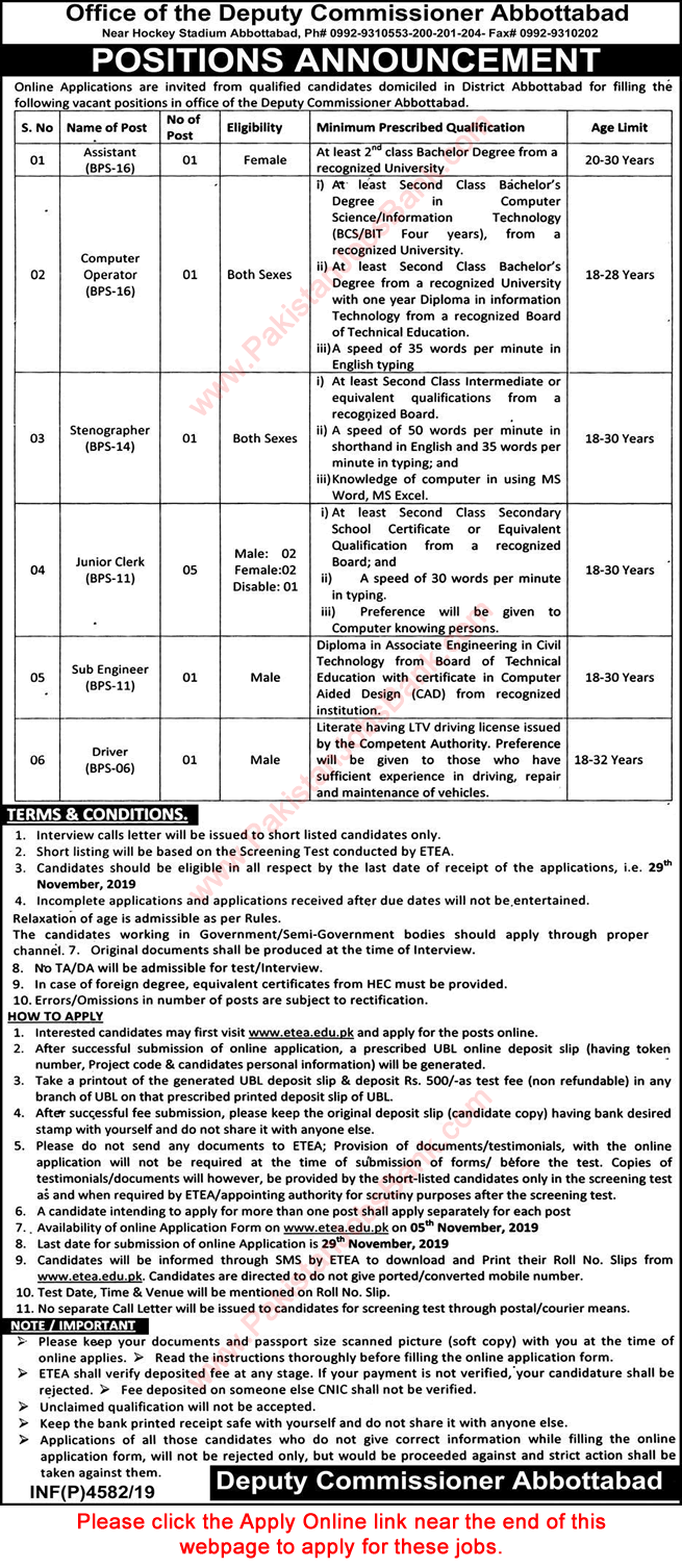 DC Office Abbottabad Jobs 2019 November ETEA Apply Online Clerks & Others Latest