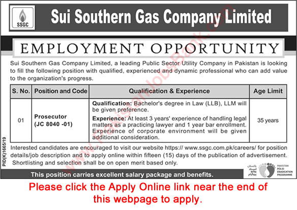 Prosecutor Jobs in SSGC November 2019 Apply Online Sui Southern Gas Company Limited Latest