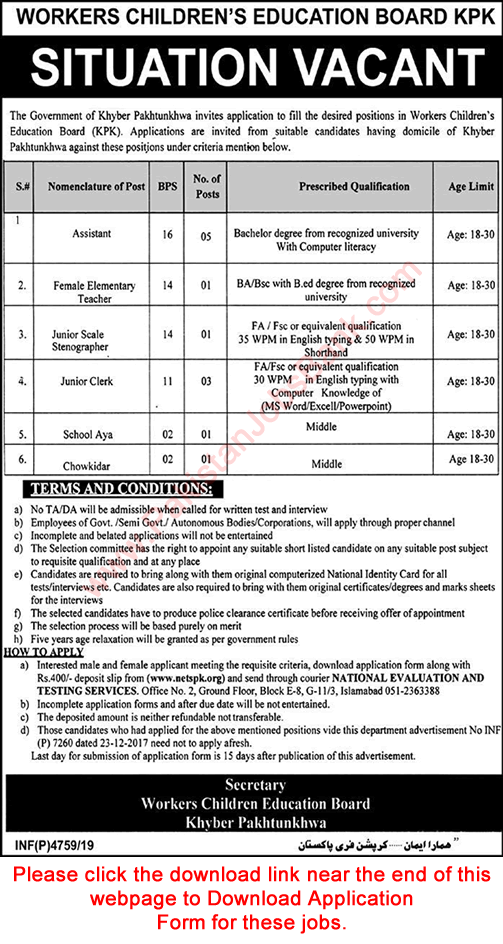 Workers Children's Education Board KPK Jobs 2019 November NETSPK Application Form Assistants & Others Latest