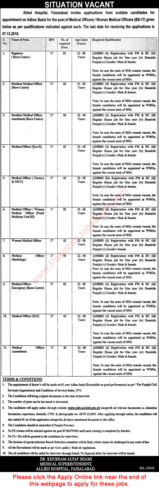 Allied Hospital Faisalabad Jobs 2019 November Apply Online Medical Officers & Registrar Latest