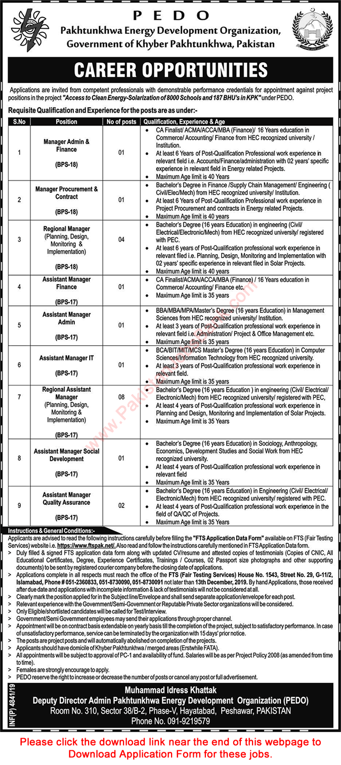 Pakhtunkhwa Energy Development Organization KPK Jobs 2019 November Application Form PEDO Latest