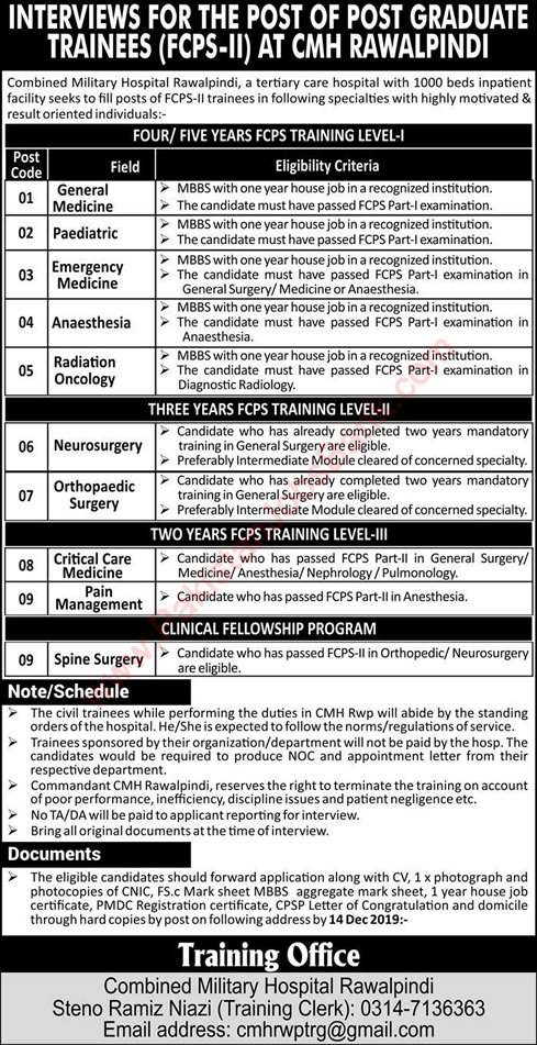 CMH Rawalpindi Jobs 2019 December Postgraduate Trainees & Fellowships Combined Military Hospital Latest