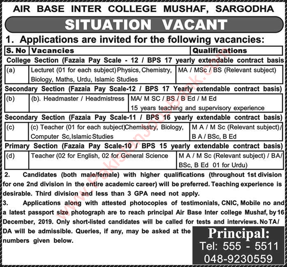 Air Base Inter College Mushaf Sargodha Jobs 2019 December Teachers & Head Master Latest