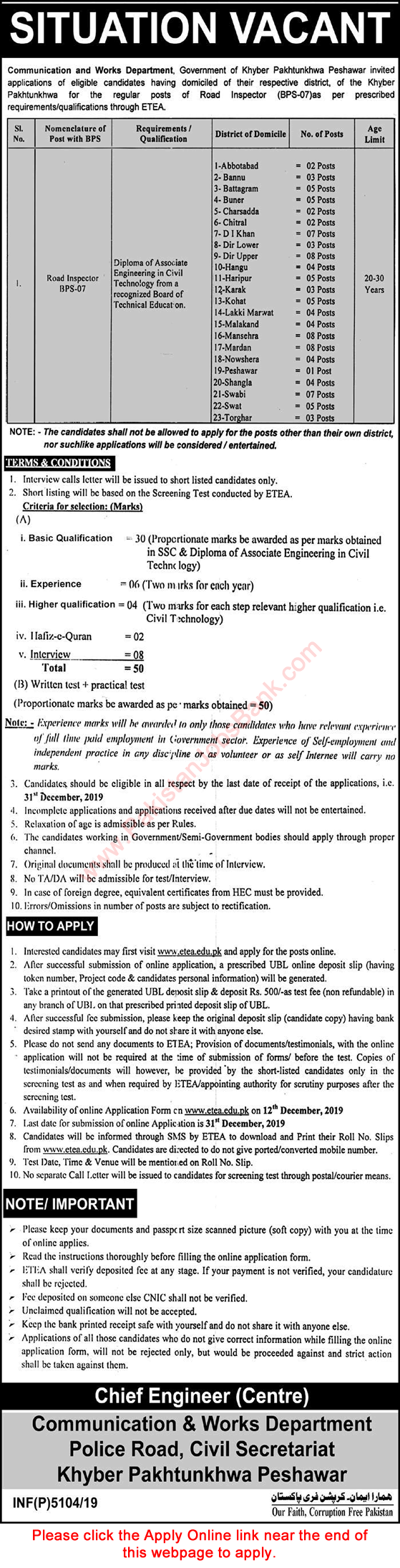 Road Inspector Jobs in Communication and Works Department KPK 2019 December ETEA Apply Online Latest