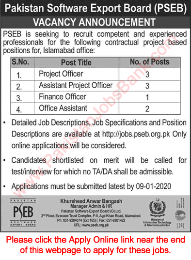 Pakistan Software Export Board Islamabad Jobs December 2019 PSEB Apply Online Project Officers & Others Latest
