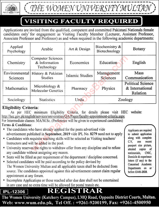 Teaching Faculty Jobs in Women University Multan Job 2020 January Latest