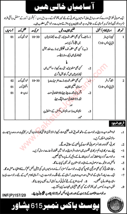 PO Box 615 Peshawar Jobs 2020 January Stenographers & Computer Operator Latest