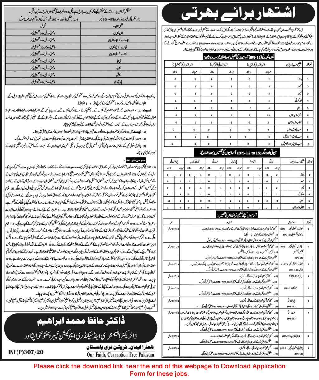 Elementary and Secondary Education Department KPK Jobs 2020 January ETEA Application Form Teachers Latest