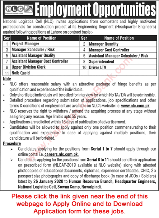 NLC Jobs 2020 January Lahore Application Form National Logistics Cell Latest