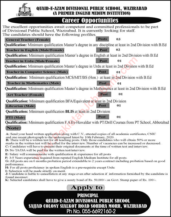 Quaid-e-Azam Divisional Public School Wazirabad Jobs 2020 January Teaching Faculty & Others Latest