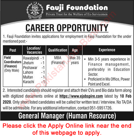 Field Coordinator Jobs in Fauji Foundation 2020 January Apply Online Latest