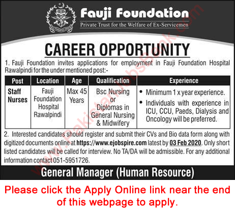 Staff Nurse Jobs in Fauji Foundation Hospital Rawalpindi 2020 January Apply Online Latest