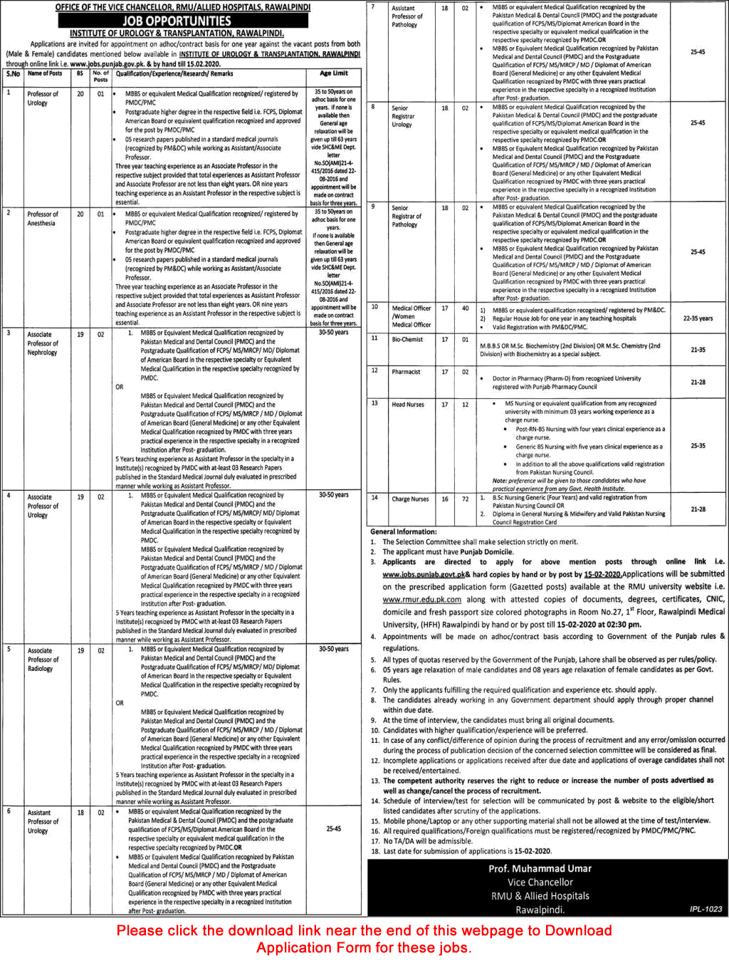 Rawalpindi Medical University Jobs 2020 January RMU Application Form Allied Hospitals Latest