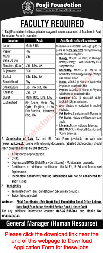 Teaching Jobs in Fauji Foundation Schools 2020 February Application Form Download Latest