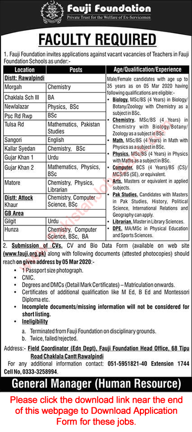 Teaching Jobs in Fauji Foundation Schools 2020 February Application Form Download Latest