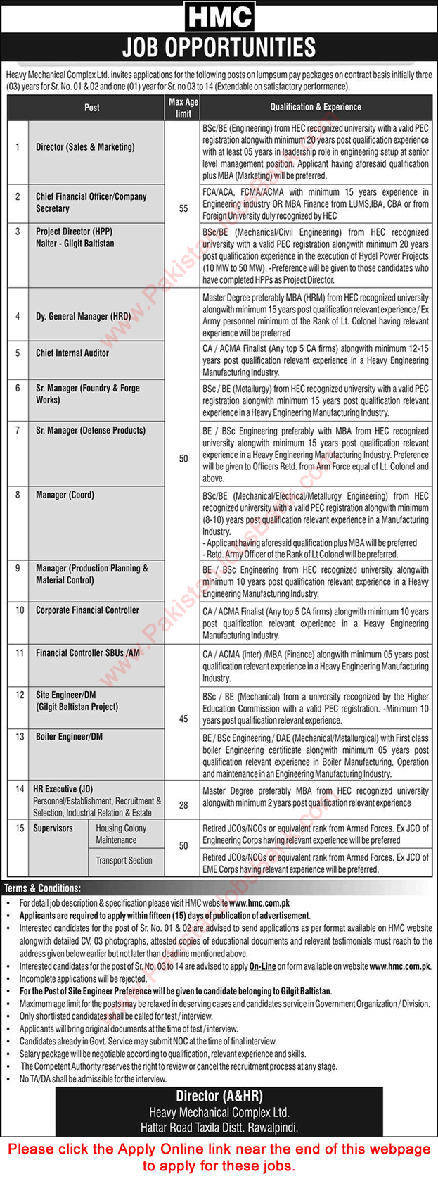 Heavy Mechanical Complex Taxila Jobs 2020 February HMC Apply Online Supervisor & Others Latest