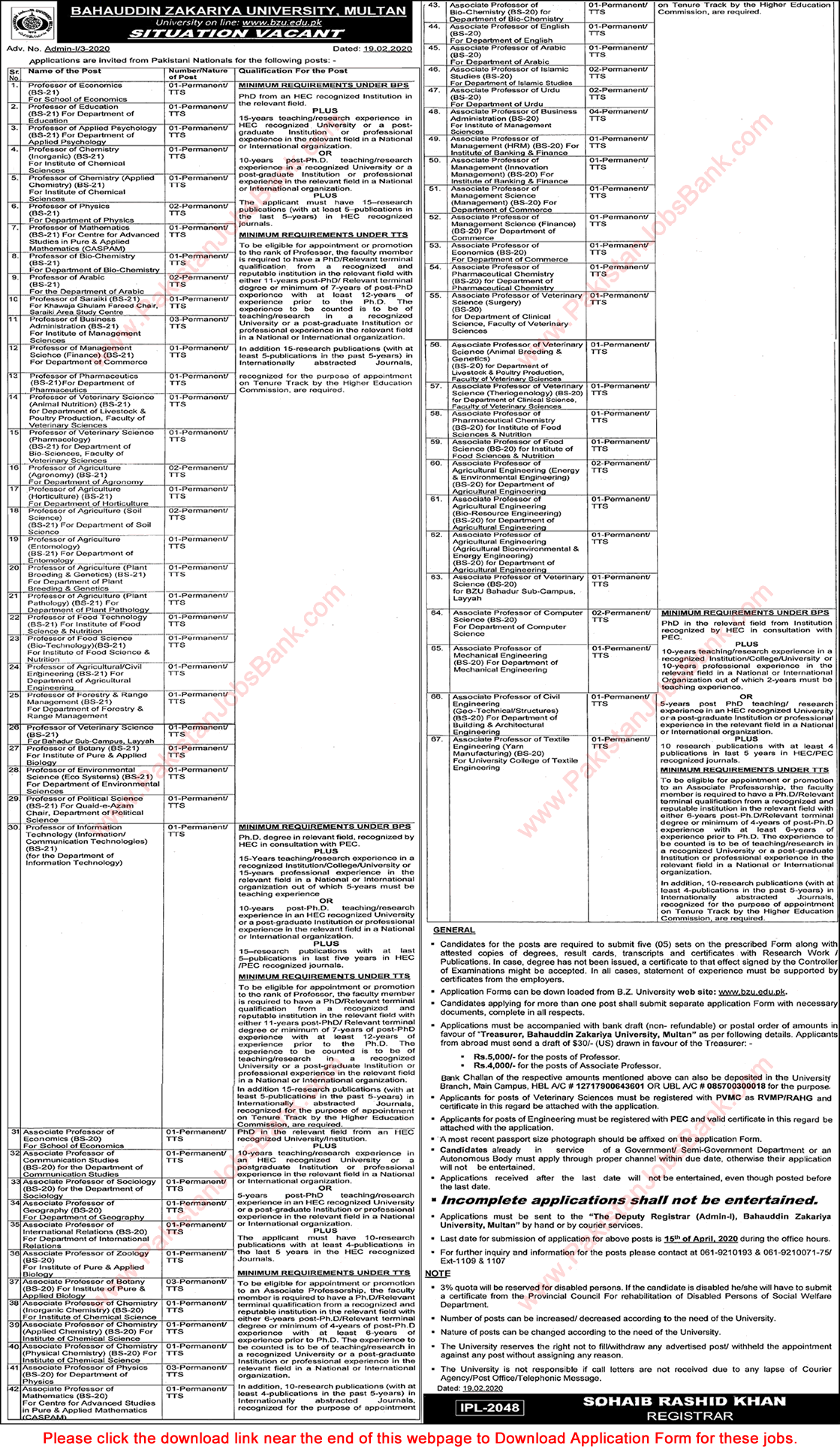 Bahauddin Zakariya University Multan Jobs 2020 February Application Form Teaching Faculty Latest