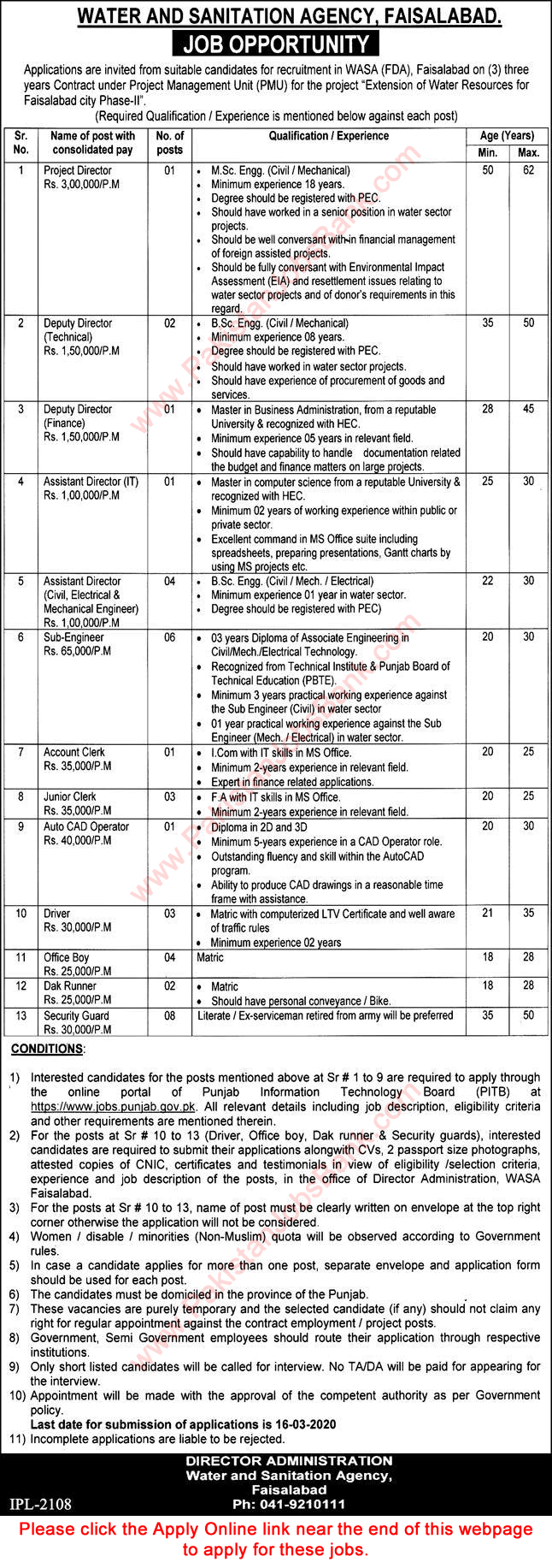 WASA Faisalabad Jobs 2020 February / March Apply Online Water and Sanitation Agency Latest