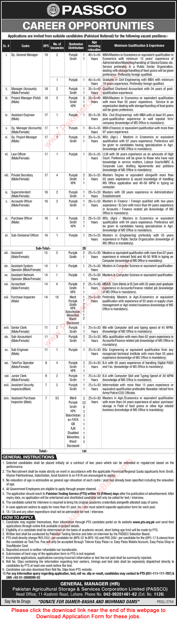 PASSCO Jobs 2020 March PTS Application Form Pakistan Agricultural Storage and Services Corporation Latest