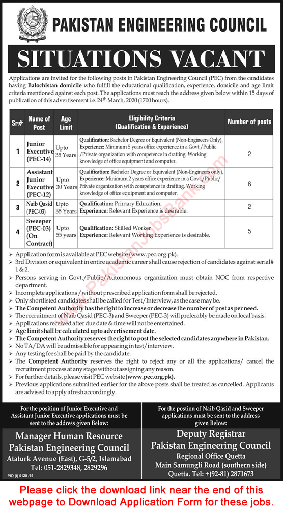 PEC Jobs 2020 March Application Form Pakistan Engineering Council Latest